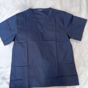 BLUE Navy Blue V-Neck Scrub Top Short Sleeve Medical Uniform Pockets Size M